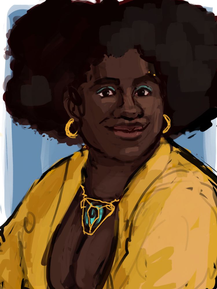 a sketch portrait of a Black person in a yellow, open shirt. they have a small smirk on their face; their hair is a medium sized afro, and they're wearing bright teal eyeshadow that matches a teal gemstone necklace hanging between their shirt collars