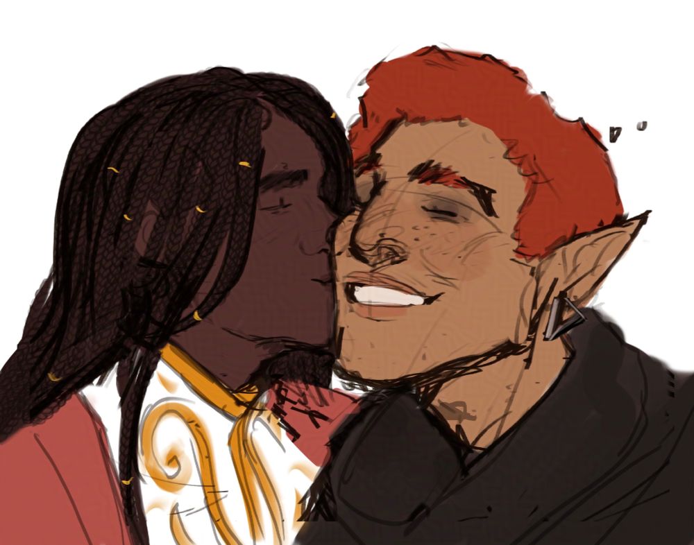 a colored digital sketch of two dnd characters, a dwarf and a half elf. the dwarf, a Black man with long microbraids and deep brown skin with red undertones, is kissing the half elf on the cheek. the half elf, a Black man with lighter skin and unstyled, natural red hair, is smiling with his eyes shut