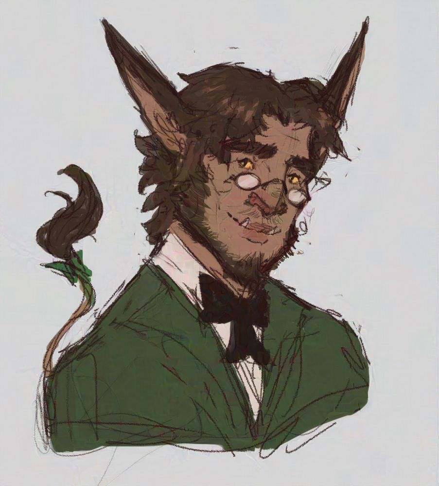 a sketch of a bugbear man in a green suit jacket