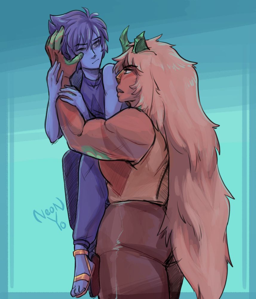 Digital art. Jasper carried Lapis and caresses her face. 