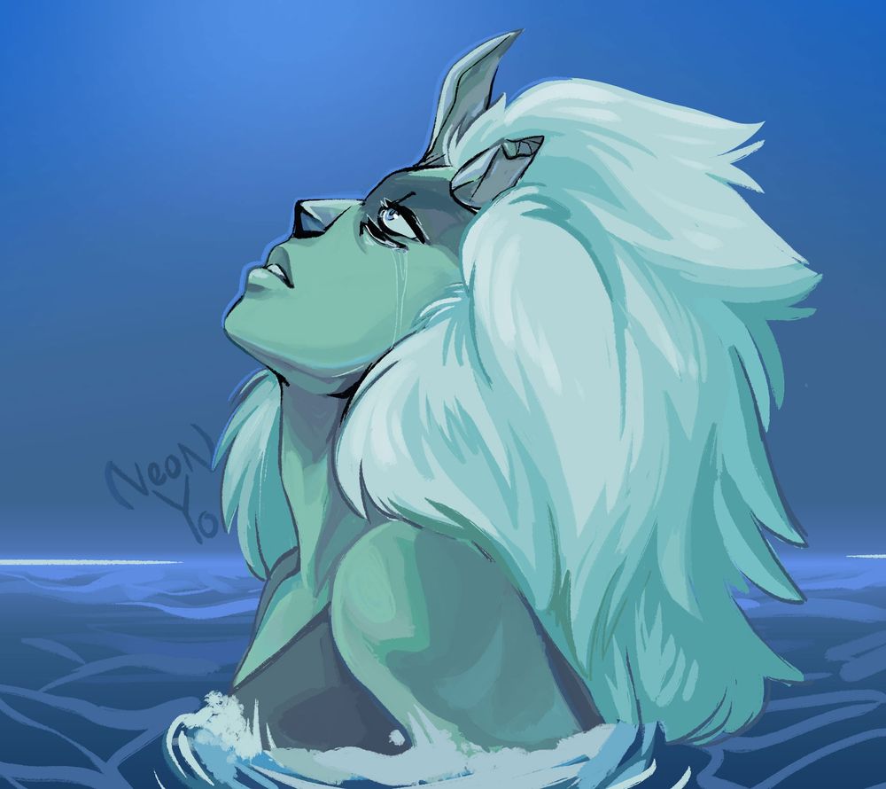 Digital art. Malachite emerging from the ocean and crying.
