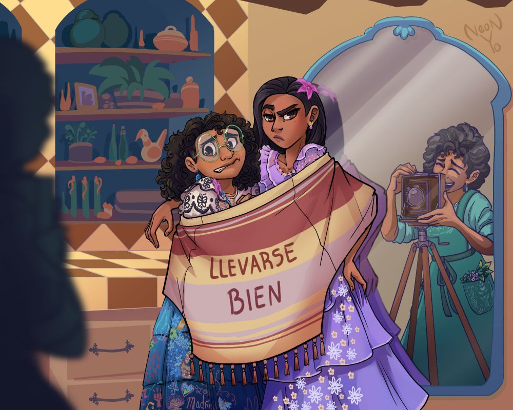Fanart featuring Mirabel and Isabela Madrigal from Encanto wearing a get-along poncho with the text "llevarse bien" written on it. Alma Madrigal can be seen in a mirror taking a photo of them.