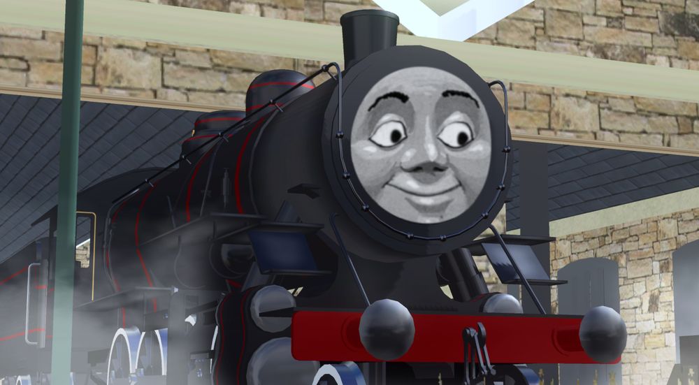 Hiro being rolled out from the works from Hero of the rails

Narrator: "Hiro looked wonderful; As good as new"