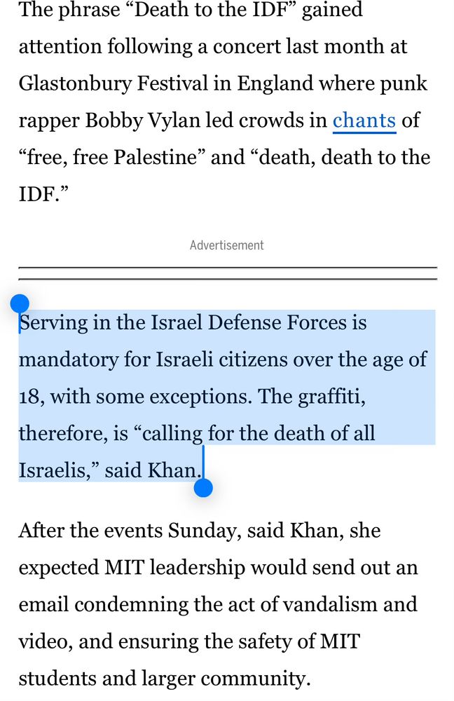 Serving in the Israel Defense Forces is mandatory for Israeli citizens over the age of 18, with some exceptions. The graffiti, therefore, is “calling for the death of all Israelis,” said Khan.
