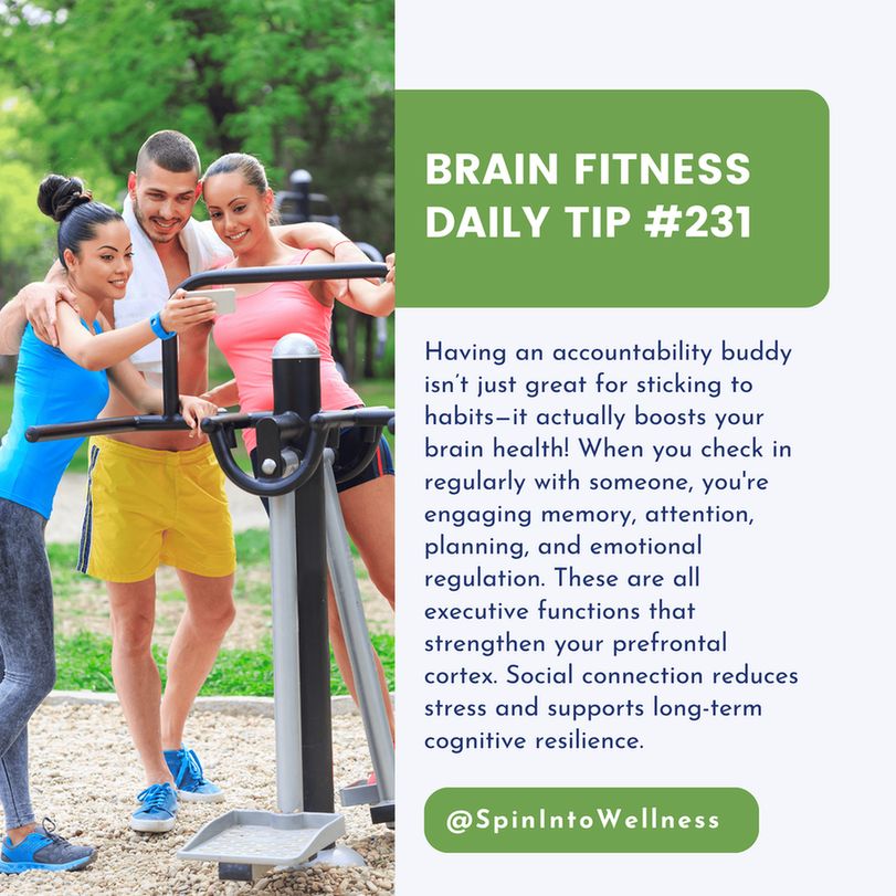 Having an accountability buddy isn’t just great for sticking to habits—it actually boosts your brain health! When you check in regularly with someone, you're engaging memory, attention, planning, and emotional regulation. These are all executive functions that strengthen your prefrontal cortex. Social connection reduces stress and supports long-term cognitive resilience. 