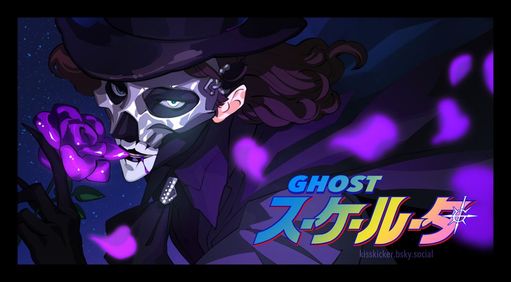 drawing of ghost's papa v perpetua looking like evil tuxedo mask. he is biting a purple rose and it's bleeding i guess?? text is GHOST in english with SKELETA in katakana (i hope lmao) #ghosttheband