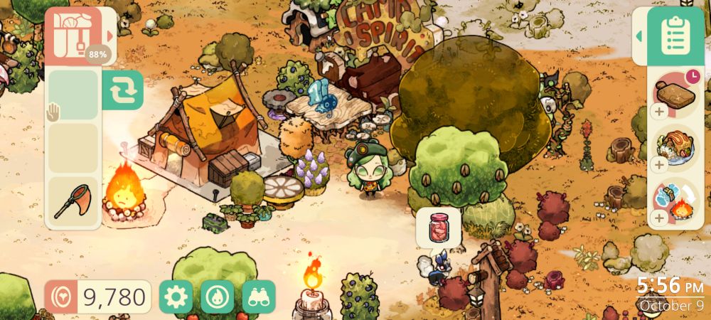 Screenshot from Cozy Grove: Camp Spirit showing a camper with green hair in a camp site filled with plants and fruit trees. 