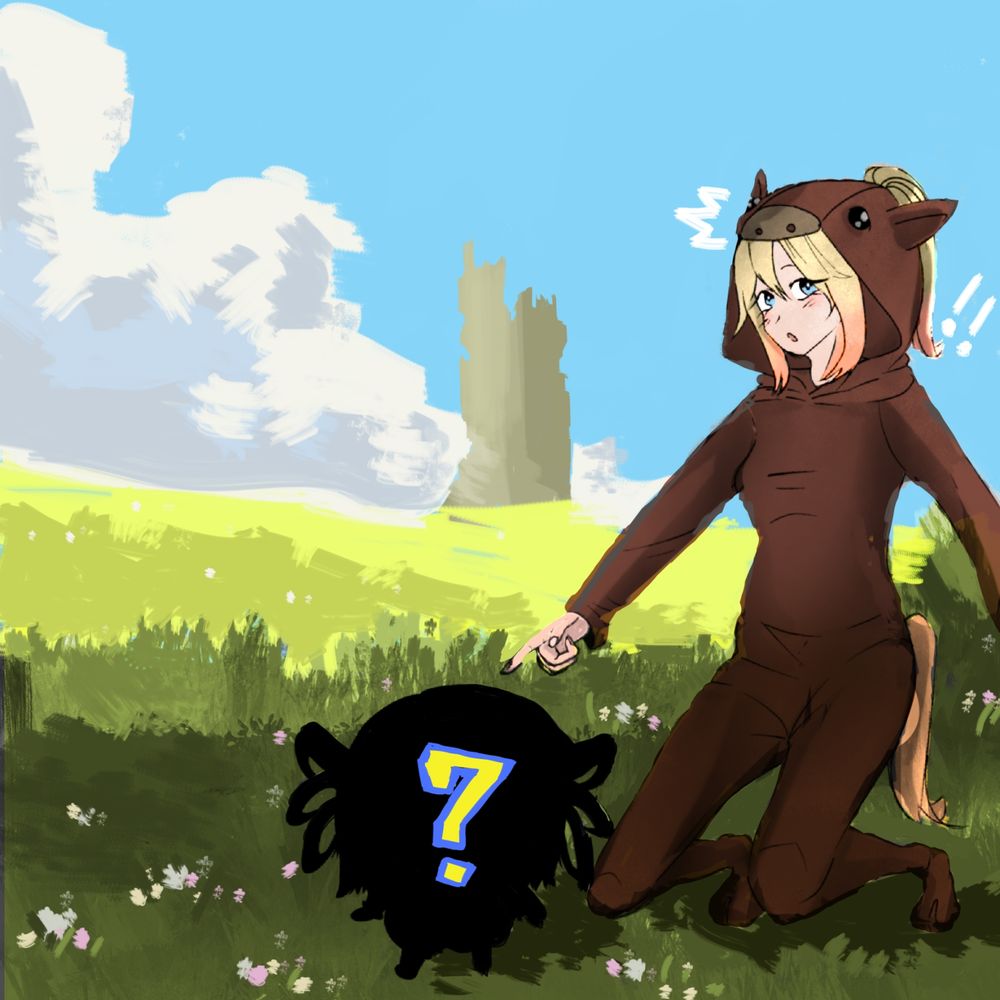 Amelia in a horse costume points at the silhoutte of a pokemon in a fantasy grassland background.