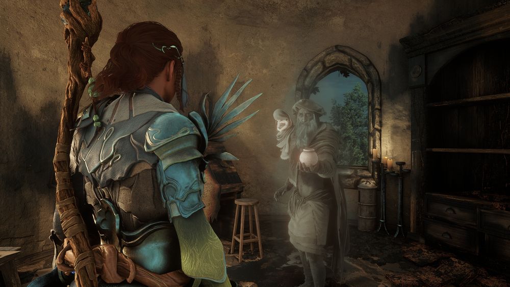 It's a screenshot from Soulframe. A ghostly old man is giving an item to your character.