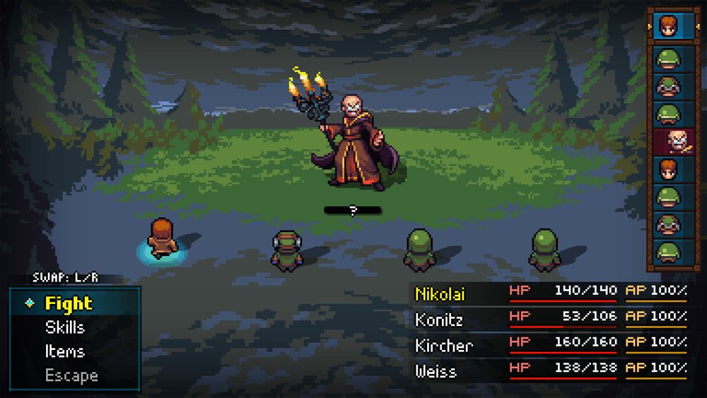 A screenshot of Quartet. It's a turn-based classic JRPG fight.