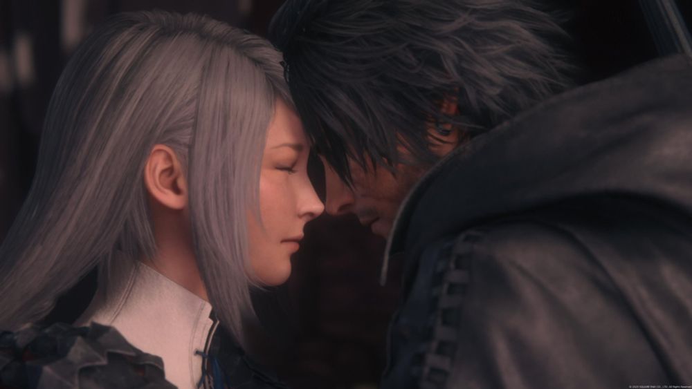 A screenshot of Final Fantasy XVI. Clive is leaning on Jill's forehead. I love them.