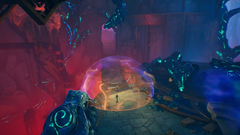 A screenshot from Eternal Strands. Protagonist Brynn is walking through otherworldly caves.