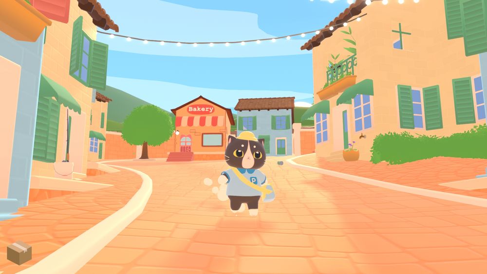 A screenshot of Catto's Post Office. A cute cat mailman is waking down a street.