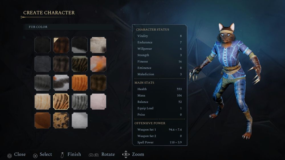 A screenshot of Kristala. The character creator, again, based around the many different cat breeds.