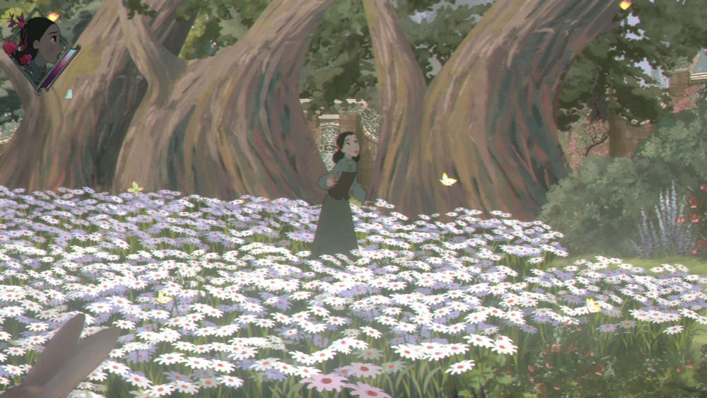 A screenshot from Bye Sweet Carole. Main character Lana Benton is in a meadow of white wildflowers.