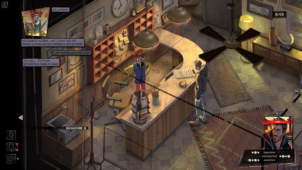 A screenshot of Rue Valley. Eugene is talking with the motel receptionist.