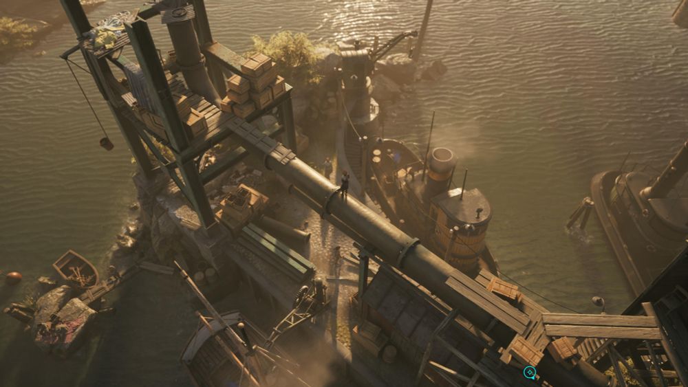 A screenshot of Eriksholm: The Stolen Dream. It's an isometric view. Hannah is walking through a metal tube over a factory. 