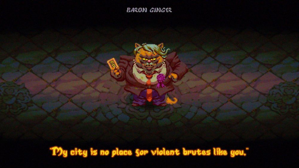 A screenshot of Morsels. A businesscat is saying, "My city is no place for violent brutes like you.