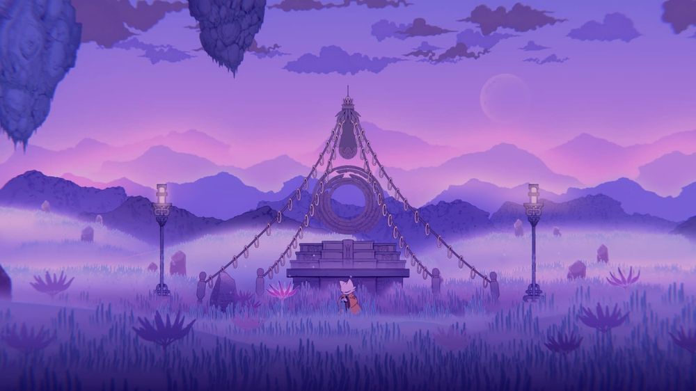 A screenshot from Nine Sols. Yi is standing on a purple-ish meadow.