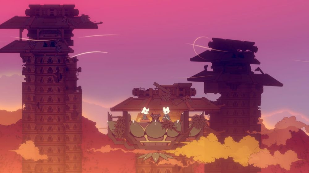 A screenshot from Nine Sols. Yi is talking with his sister, Heng, on a rooftop among destroyed buidlings.