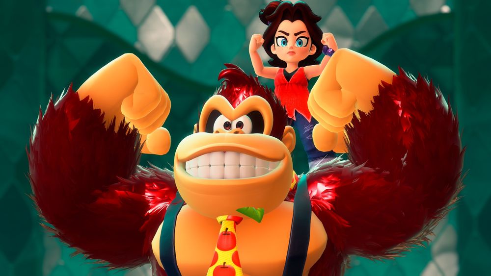 A screenshot from Donkey Kong Bananza. DK and Lil Pauline are flexing their muscles.