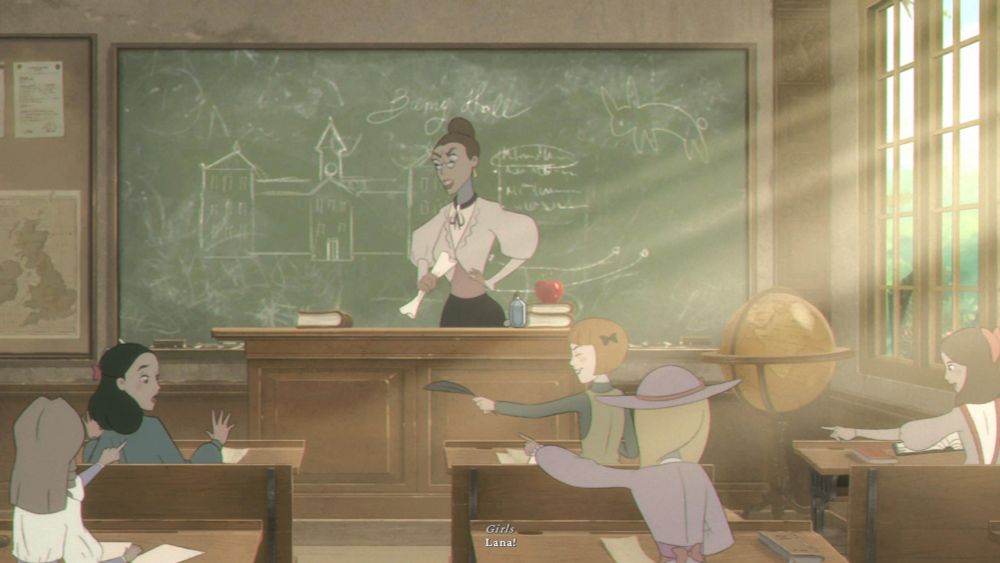 A screenshot from Bye Sweet Carole. Lana is surprised by her friends at school in the classroom.