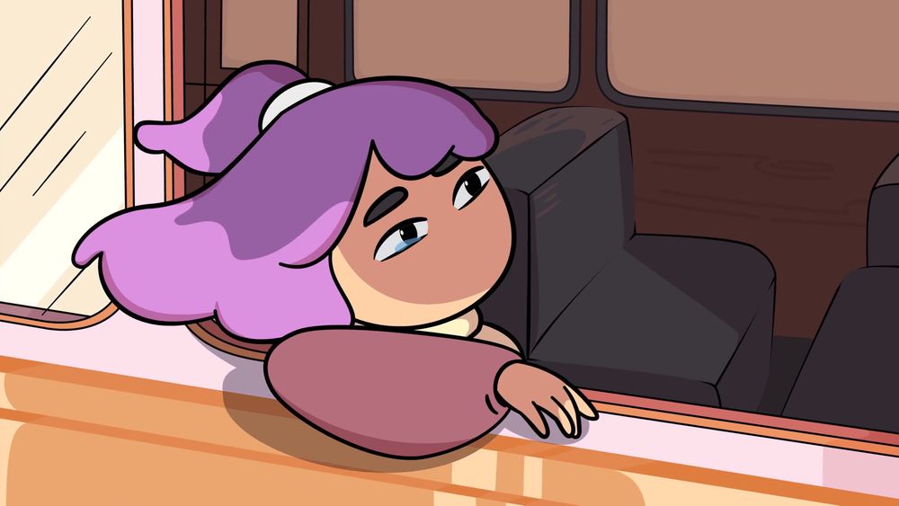 A screenshot from Constance. She is looking out the window of a train with a tear in her eye.