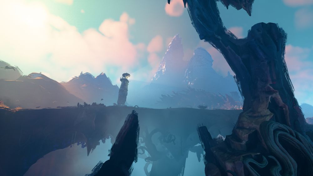 A screenshot of Keeper. The lighthouse is walking through a bridge.