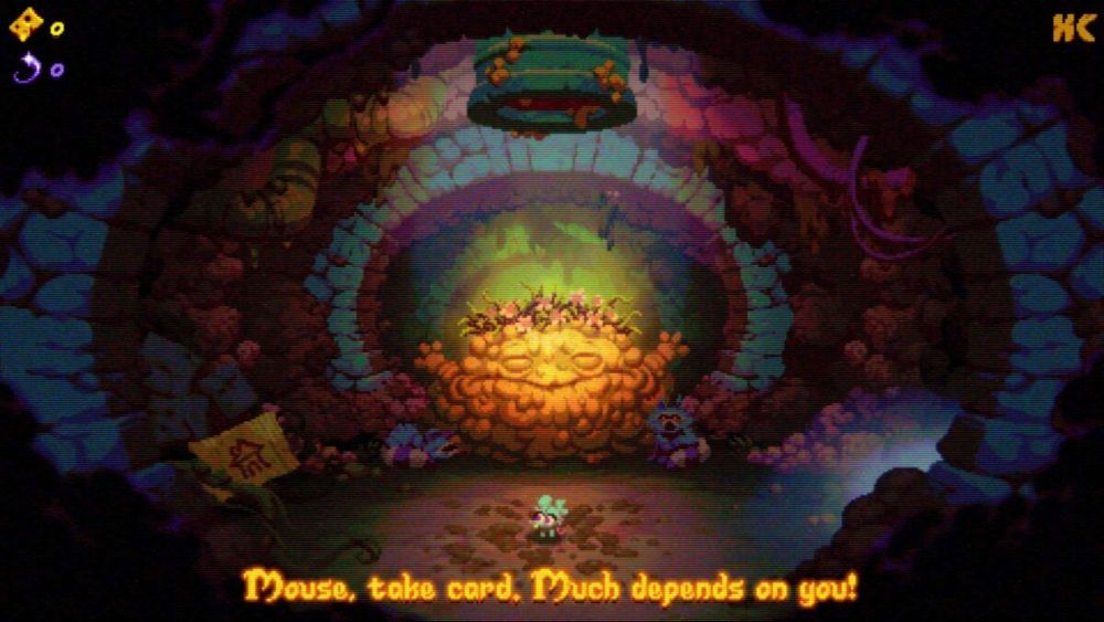 A screenshot of Morsels. It's a pixelated sewer filled with sludge. A monster is saying to a mouse, "Mouse, take card. Much depends on you!"