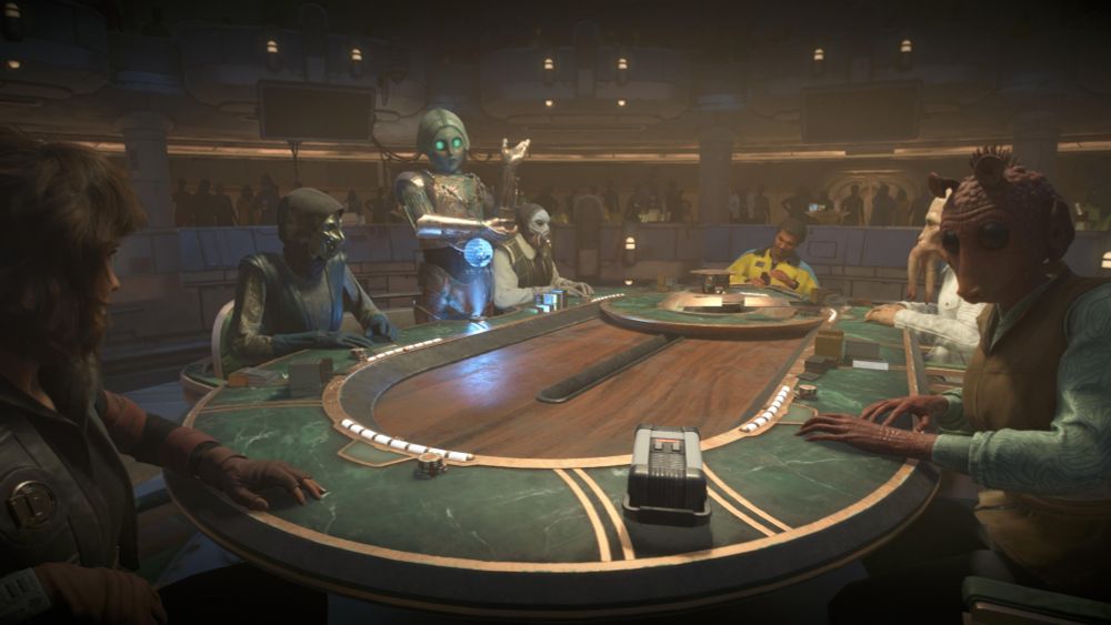 A screenshot of Star Wars Outlaws. Kay Vess is playing Sabacc with Lando Calrissian and others.