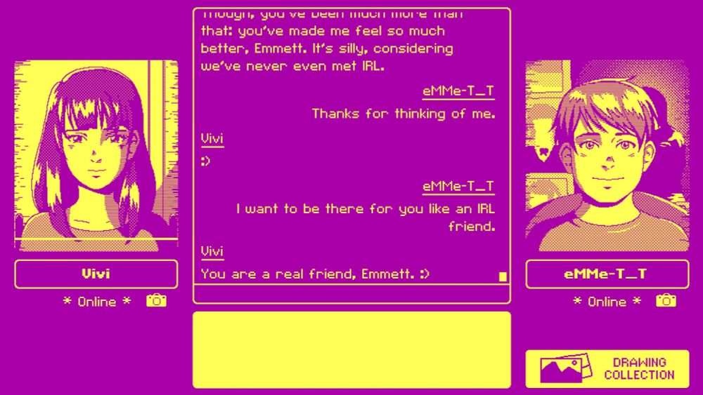 A screenshot of VIDEOVERSE. It's a conversation between Vivi and Emmett. She's telling him he's a real friend.