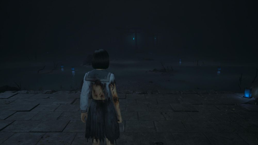 A screenshot from Silent Hill f. Hinako, physically damaged, looks at a foggy pond.