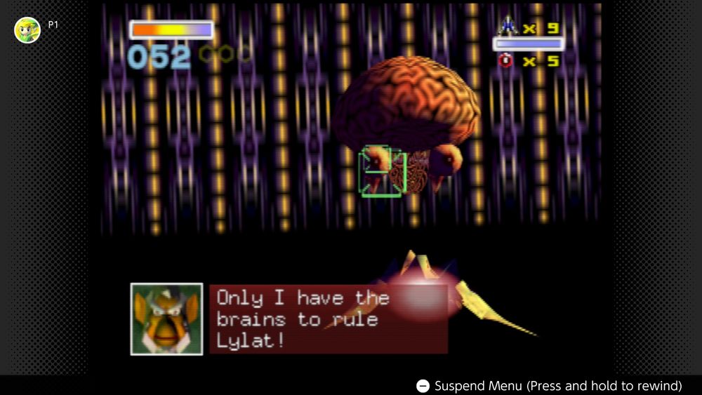 A screenshot of Star Fox 64 running on a Switch 2. The true form of the final boss Andross, just a big brain floating around. Who at Nintendo said this was a good idea for a game for kids?