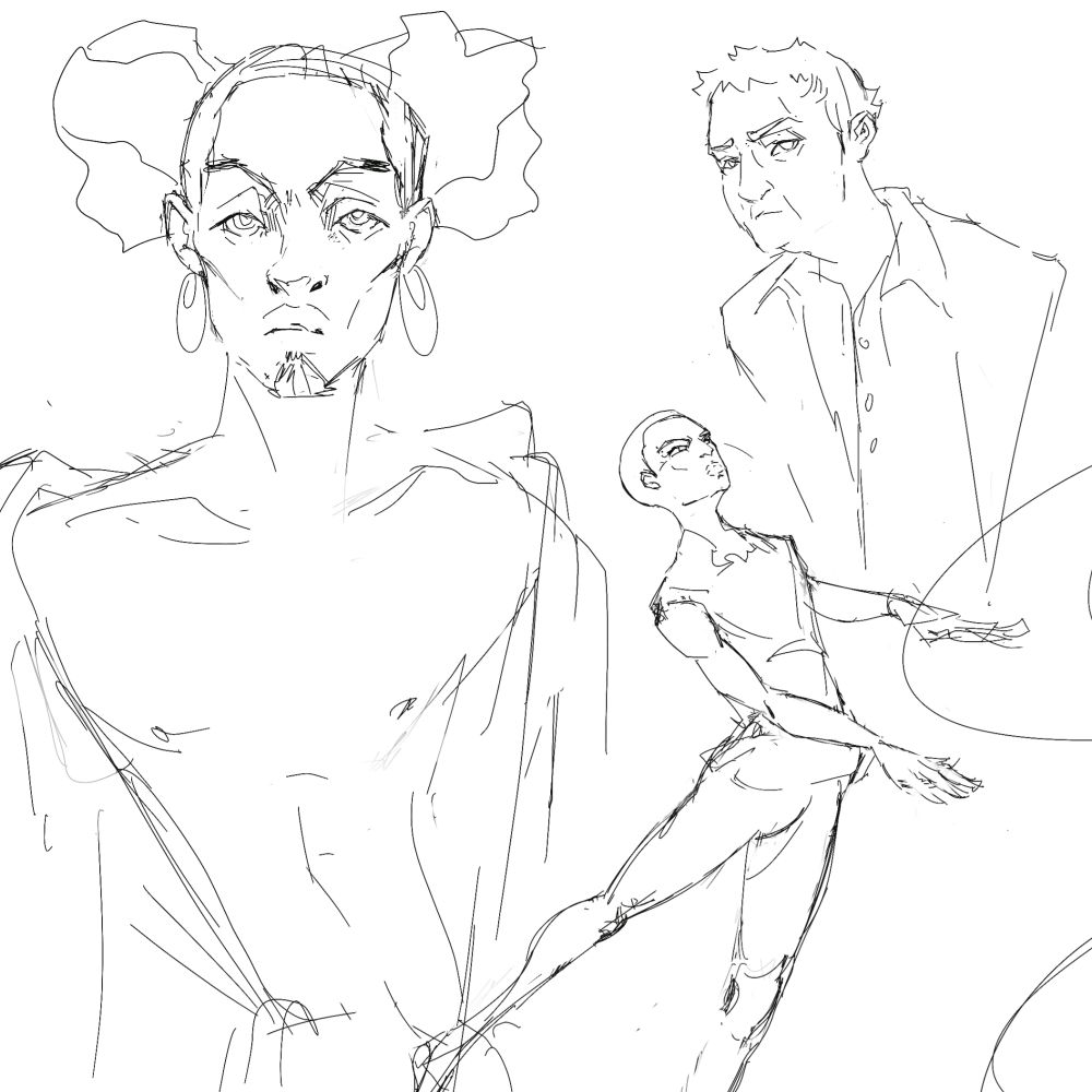 recent jelly art and sketch practice. casual light lines, just black and white depicting three people: person with afropuffs, older gentleman, and another person in motion. 