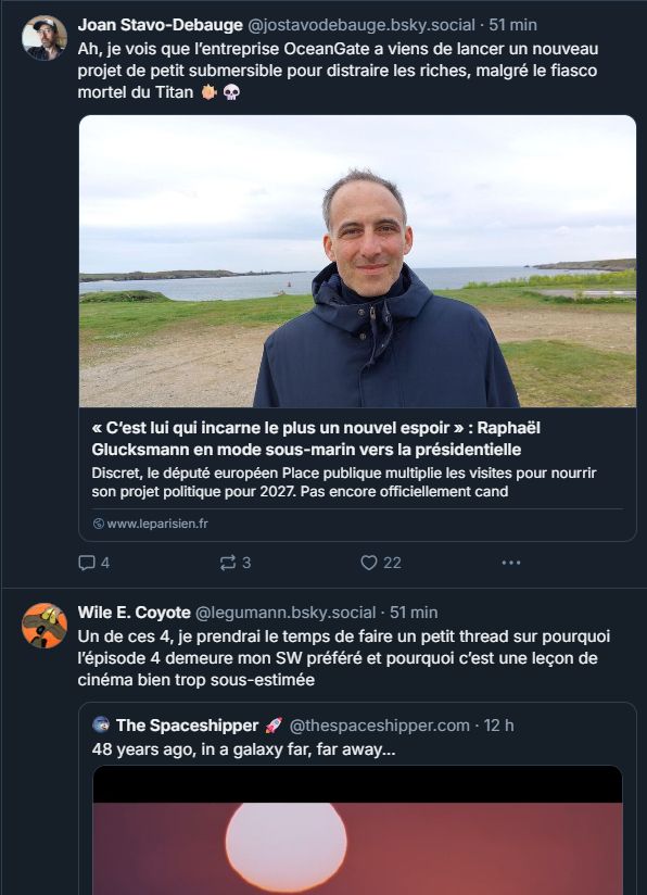 Screenshot montrant le post actuel précédé d'un partage d'un article du journal "le Parisien", présentant Glucksmann comme "un nouvel espoir"