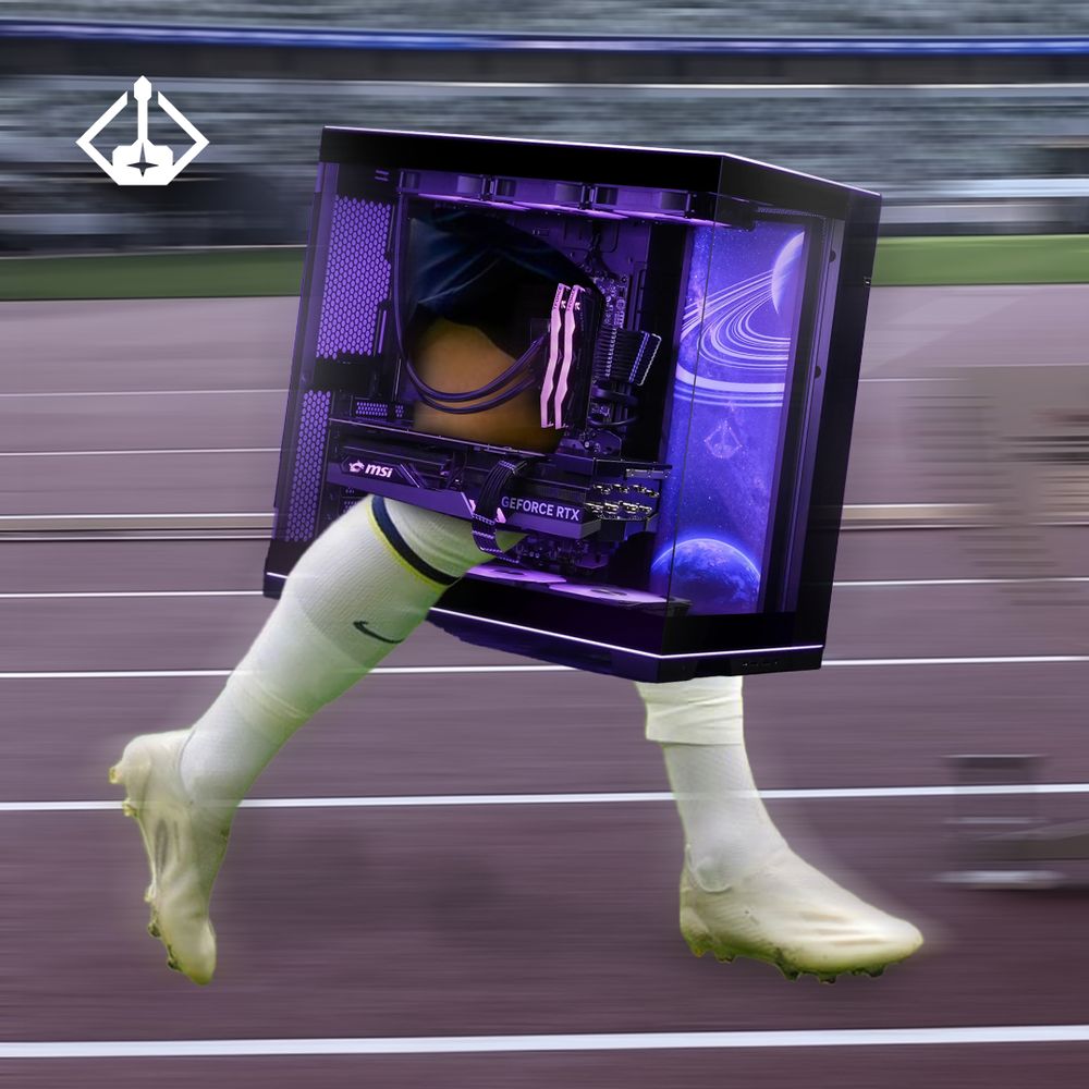 Gaming PC with legs running at speed