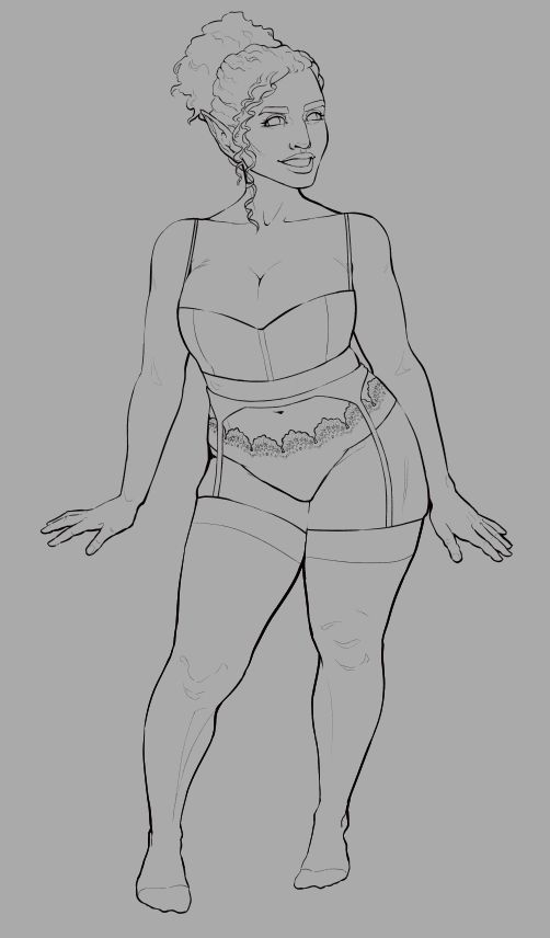 The character Yyra Denirien standing in cute lingerie.