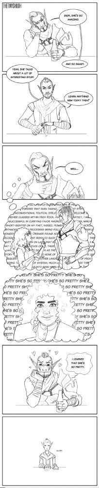 A 7 panel comic depicting Teldryn Sero from Skyrim talking to the barkeep Geldis about what he learned from talking to Yyra Denirien earlier that day. The reply to this post has specifics about each panel.