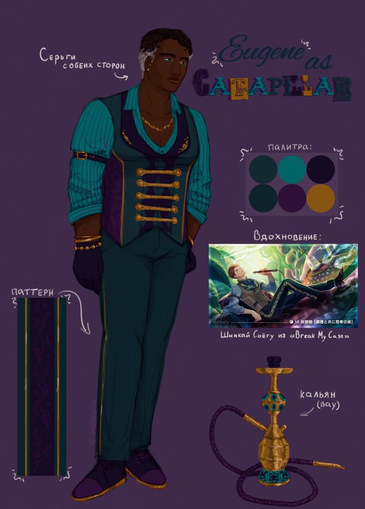Next to his ear: "Earrings on both sides"
Above the palette: "Palette" 
Above the card from game: "Inspiration" 
At the bottom of card from game: "Shinkai Soyogu from «Break My Case»" 
Next to hookah: "hookah (wow)" 