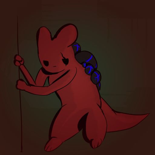 Hunter from Rain world holding onto a spear to walk with rot growths taking over its back