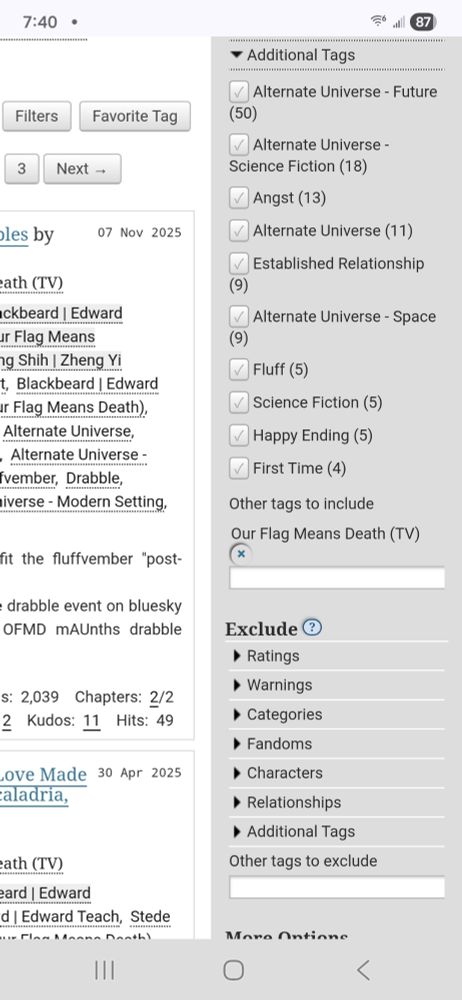 Screen shot of the ofmd fics tagged with au - future