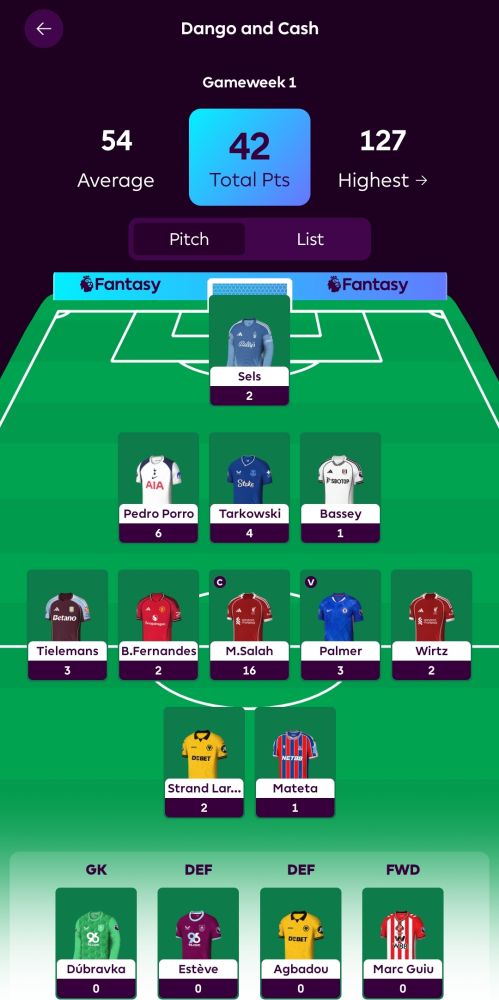 Gw1 result - 42pts. Picture of my FPL team