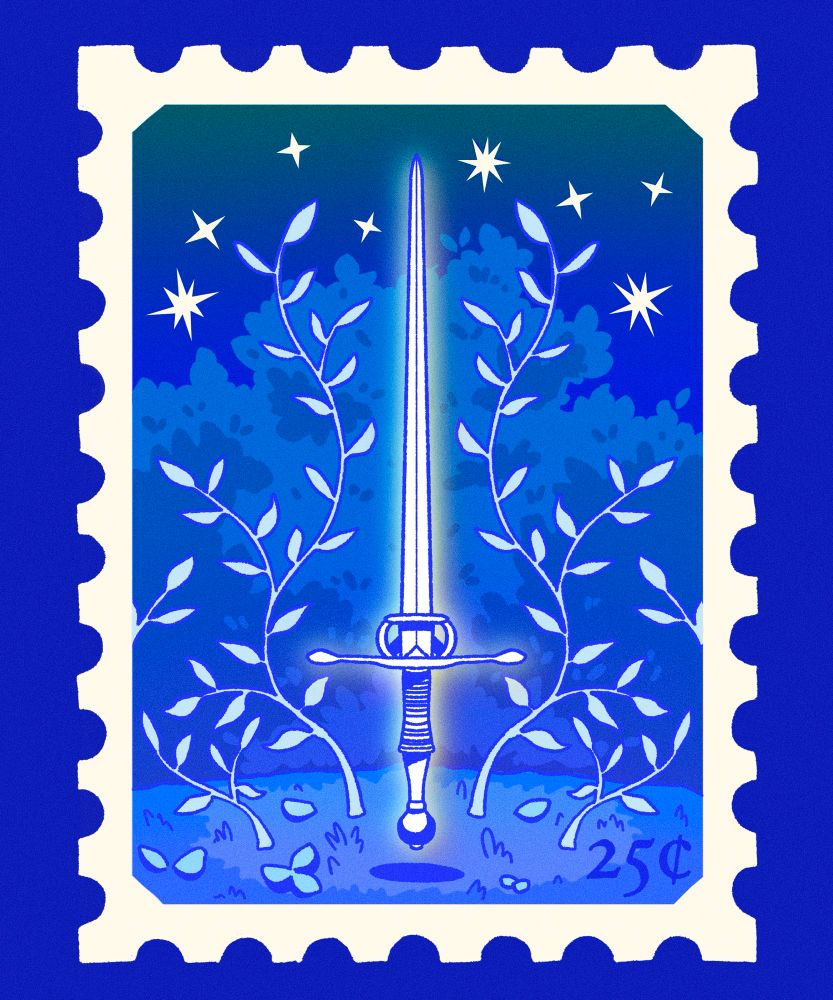 Illustration: A glowing white sword floats in a small forest clearing surrounded by sprouting vines.