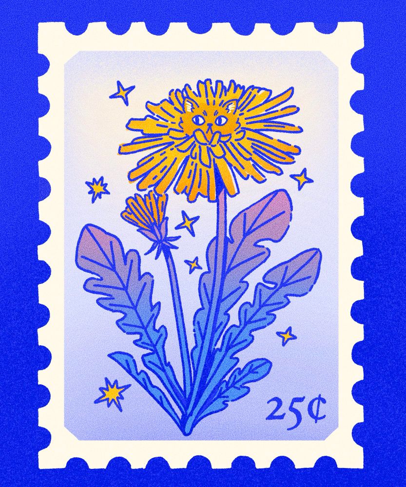 Illustration of a postage stamp, the stamp features an illustration of a dandelion with a little cat face.