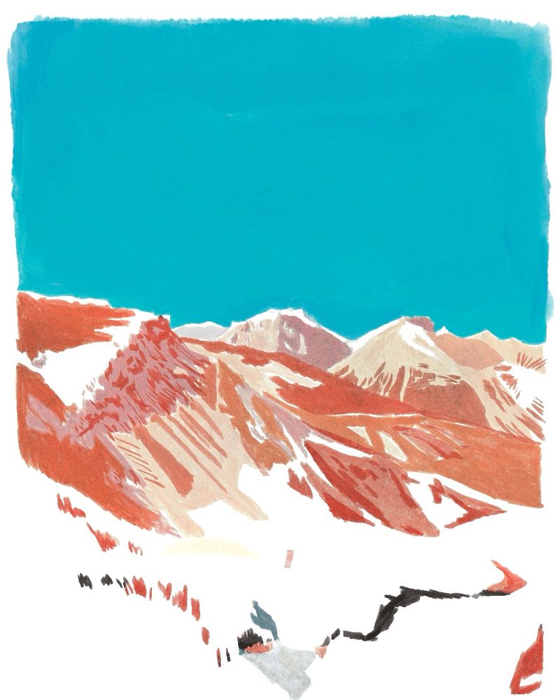 Digital painting of a set of mountains, the sky is bright blue and the details of the mountains are painted in shades of coral.