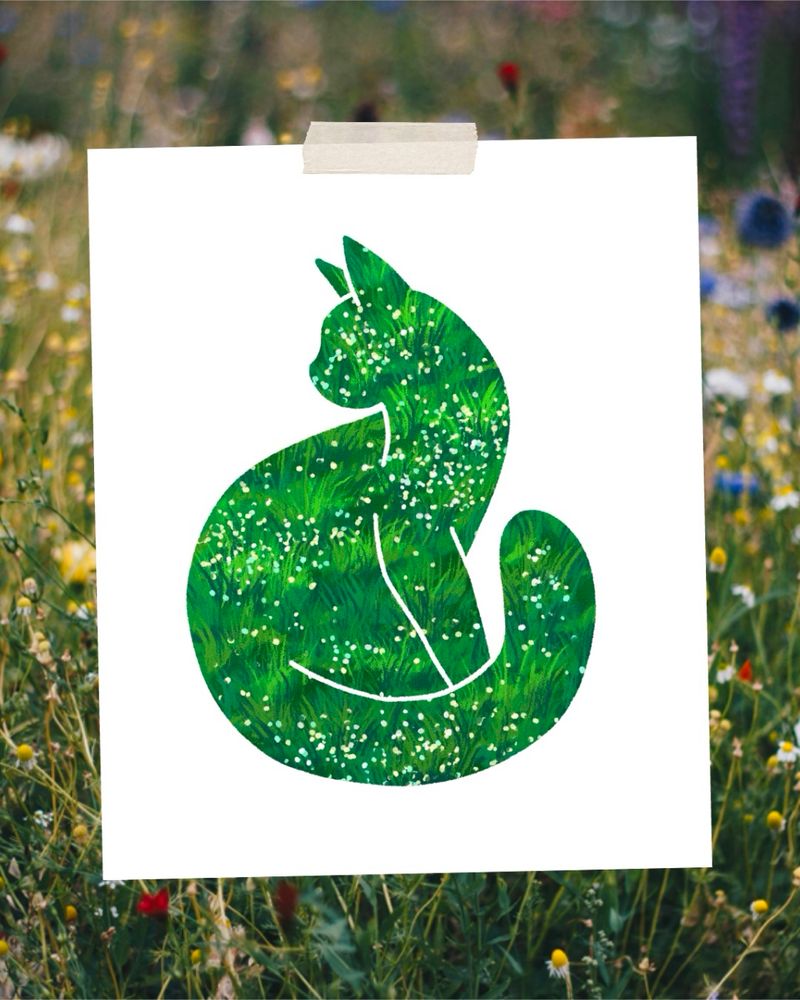 Minimalist style illustration, the silhouette of a cat is filled with a painted meadow of grasses and wildflowers. The illustration is on a print and taped to a photo background of wildflowers.