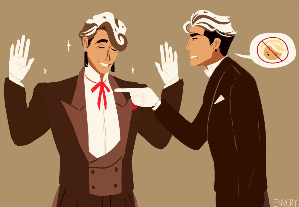 Drawing of two Cookie Run OCs, both are Herrencreme Cookies and are brothers. The one on the left has his arms raised and smiling. The other has an annoyed expression while pointing at the other as a warning gesture, with a speech bubble containing a drawing of Clotted Cream's face with an X symbol.
