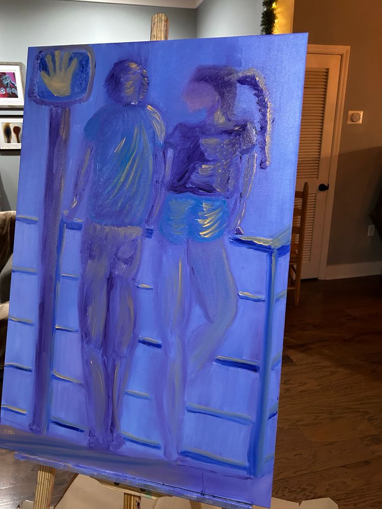 A man and a woman, backs to the viewer, looking over a fence on a sidewalk with a crossing signal above them. Blues and purples with yellow highlights.