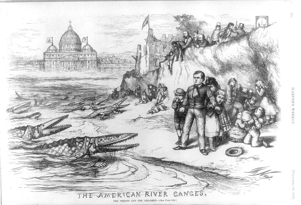 1871 political cartoon by Thomas Nast entitled "The American River Ganges." Catholic bishops are emerging from the water, their miters split open like the jaws of crocodiles. Good American children are being menaced.