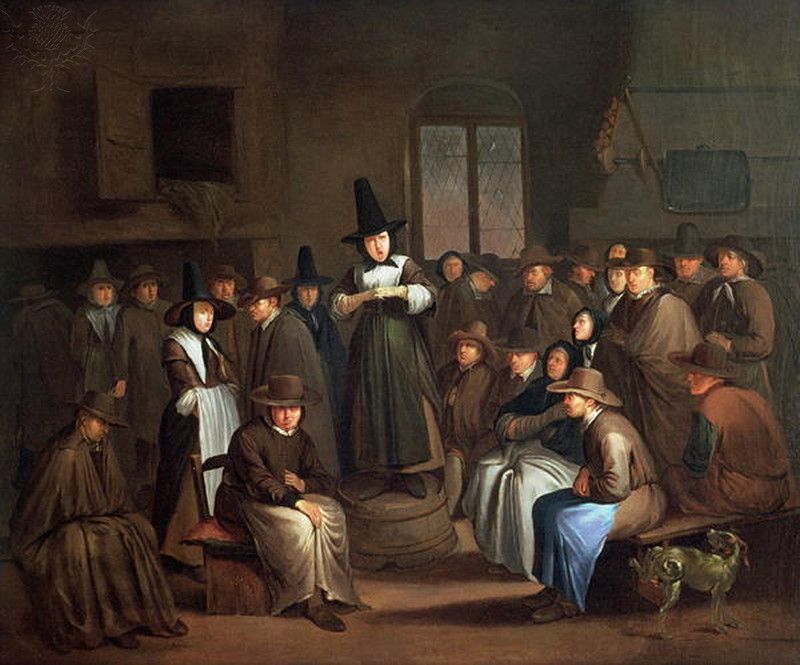 A Quaker meeting painted by Dutch golden age satirical painter Egbert van Heemskerck. In it a Quaker woman stands on an upturned tub wearing a pointed Welsh hat declaiming to a sullen and grimy looking crowd. A small dog urinates in the foreground.